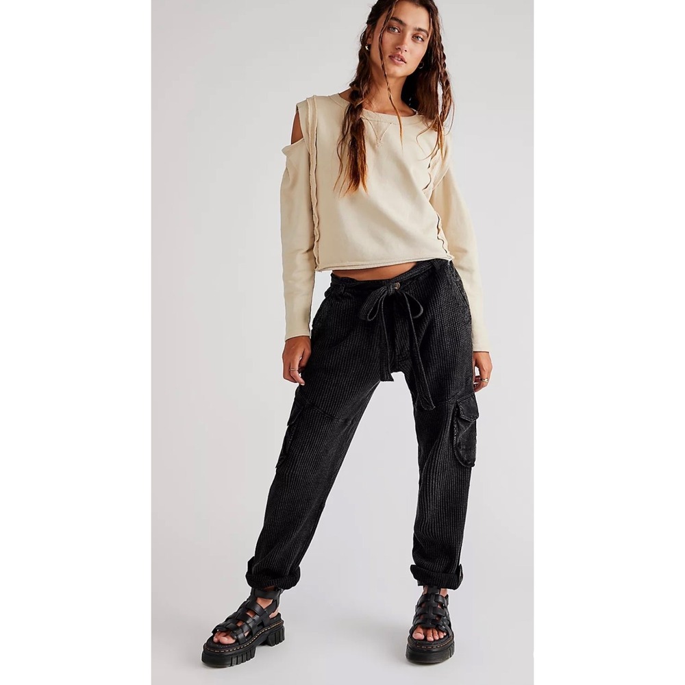 Free People FP One Waffle Knit Cargo Pants Washed Black Thermal Joggers XS Boho - Picture 1 of 9